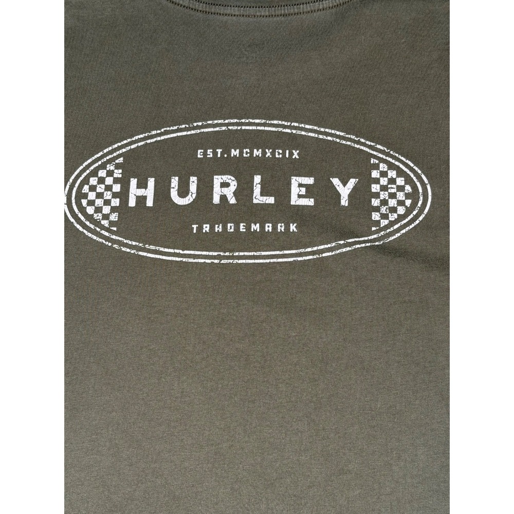 Hurley Mens Logo Graphic Army Green T-Shirt Long Sleeve Sz S Cotton Beach Skater